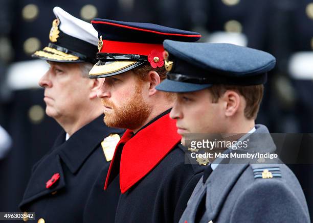 Prince Andrew, Duke of York, Prince Harry and Prince William, Duke of Cambridge attend the annual Remembrance Sunday Service at the Cenotaph on...