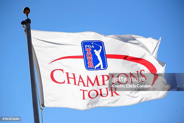 Flags wave in the breeze during the final round of the Champions Tour Charles Schwab Cup Championship at Desert Mountain Club on November 8, 2015 in...
