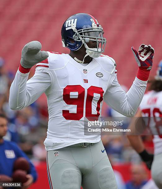 Jason Pierre-Paul of the New York Giants warms up during a game against the Tampa Bay Buccaneers at Raymond James Stadium on November 8, 2015 in...