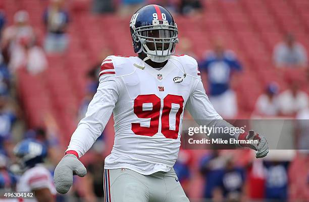 Jason Pierre-Paul of the New York Giants warms up during a game against the Tampa Bay Buccaneers at Raymond James Stadium on November 8, 2015 in...