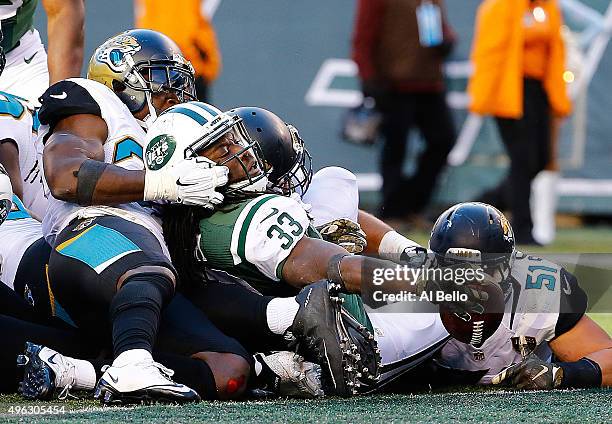 Chris Ivory of the New York Jets gets across the goaline for a third quarter touchdown against the Jacksonville Jaguars at MetLife Stadium on...