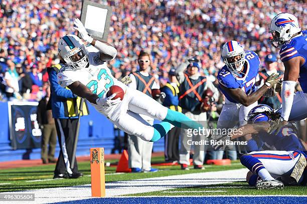 Jay Ajayi of the Miami Dolphins comes up short of a touchdown against the Buffalo Bills during the second half at Ralph Wilson Stadium on November 8,...