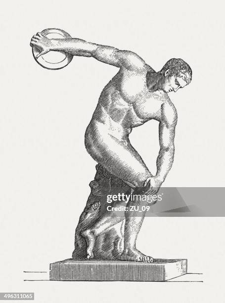 stockillustraties, clipart, cartoons en iconen met discus thrower, ancient sculpture, wood engraving, published  in 1881 - greek statue