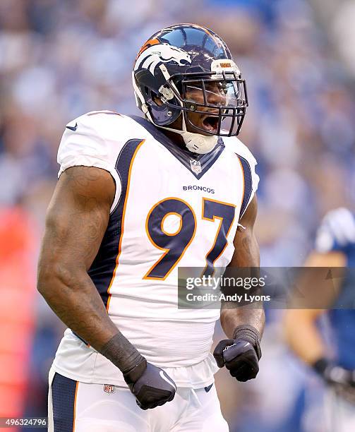 Malik Jackson of the Denver Broncos celebrates during the game against the Indianapolis Colts at Lucas Oil Stadium on November 8, 2015 in...