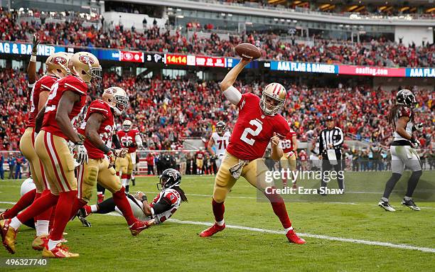 Blaine Gabbert of the San Francisco 49ers reacts after being tackled close to the goal line during the first half of their game against the Atlanta...