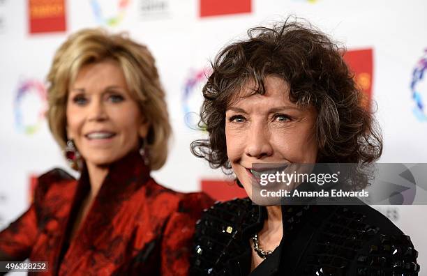 Actresses Jane Fonda and Lily Tomlin arrive at the 46th Anniversary Gala Vanguard Awards at the Hyatt Regency Century Plaza on November 7, 2015 in...