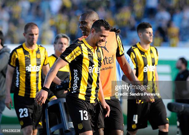 Matias Aguirregaray and Marcelo Zalayeta of Peñarol smile after a match between Nacional and Peñarol as part of round 12 of Apertura 2015 at...