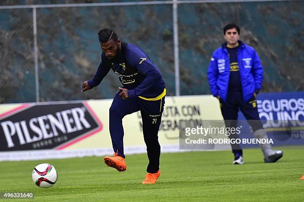 Ecuador's player Gabriel Achilier takes part in a training session in the "Casa de la Seleccion" in Quito on November 8, 2015. Ecuador will face...