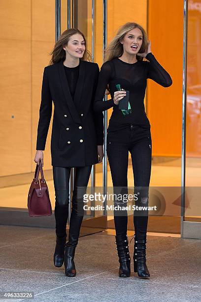 Models Sanne Vloet and Romee Strijd are seen in Midtown on November 8, 2015 in New York City.