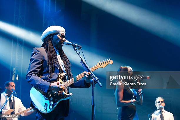 Nile Rodgers and Folami Thompson of Chic featuring Nile Rodgers performs at Metropolis Festival at RDS Concert Hall on November 8, 2015 in Dublin,...