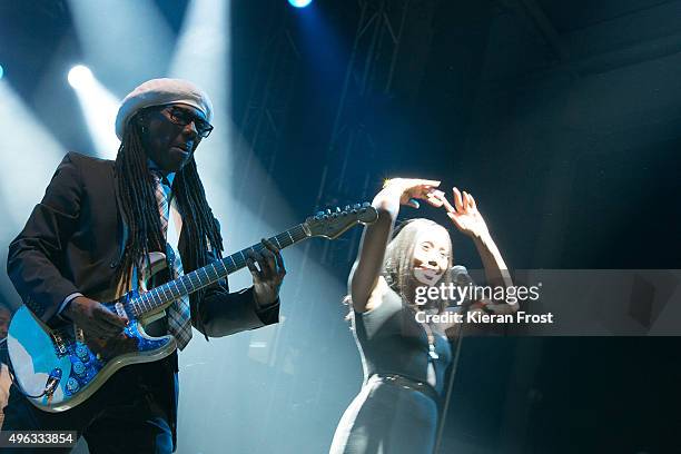 Nile Rodgers and Folami Thompson of Chic featuring Nile Rodgers performs at Metropolis Festival at RDS Concert Hall on November 8, 2015 in Dublin,...