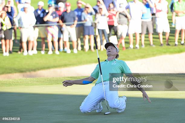 Bernhard Langer of Germany reacts after missing an eagle putt for the win during the final round of the Champions Tour Charles Schwab Cup...