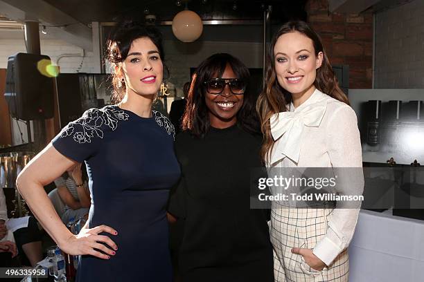 Actress Sarah Silverman, AFI FEST Director Jacqueline Lyanga and actress Olivia Wilde attend the photo call for 'Indie Contenders Roundtable...