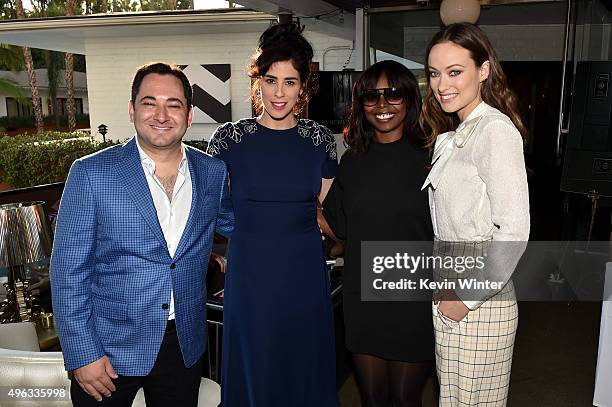 S Scott Feinberg, actress Sarah Silverman, AFI FEST Director Jacqueline Lyanga and actress Olivia Wilde attend the photo call for 'Indie Contenders...