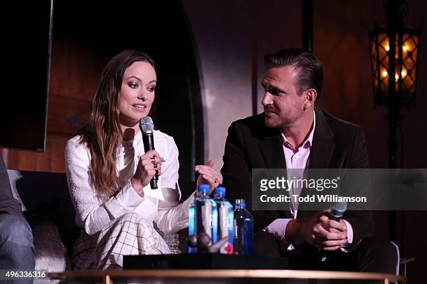 Actors Olivia Wilde and Jason Segel speak onstage at 'Indie Contenders Roundtable presented by The Hollywood Reporter' during AFI FEST 2015 presented...
