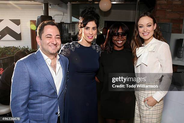 S Scott Feinberg, actress Sarah Silverman, AFI FEST Director Jacqueline Lyanga and actress Olivia Wilde attend the photo call for 'Indie Contenders...