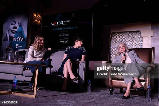 Actresses Saoirse Ronan, Sarah Silverman and Blythe Danner, THR's Scott Feinberg, actress Lily Tomlin speak onstage at 'Indie Contenders Roundtable...