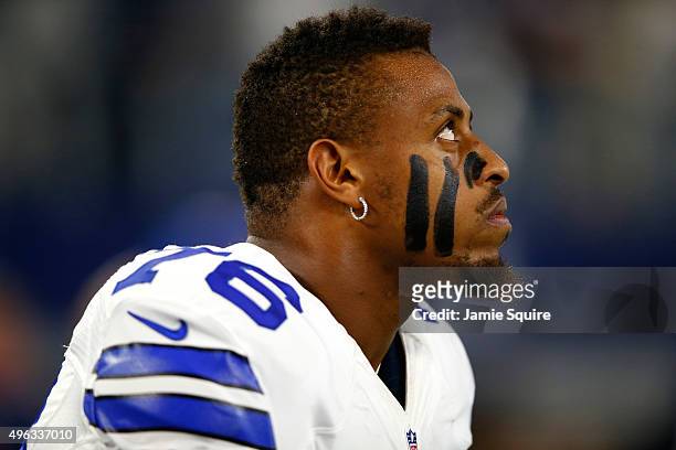 Greg Hardy of the Dallas Cowboys looks on from the sidelines before the Cowboys take on the Philadelphia Eagles at AT&T Stadium on November 8, 2015...