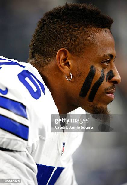 Greg Hardy of the Dallas Cowboys looks on from the sidelines before the Cowboys take on the Philadelphia Eagles at AT&T Stadium on November 8, 2015...