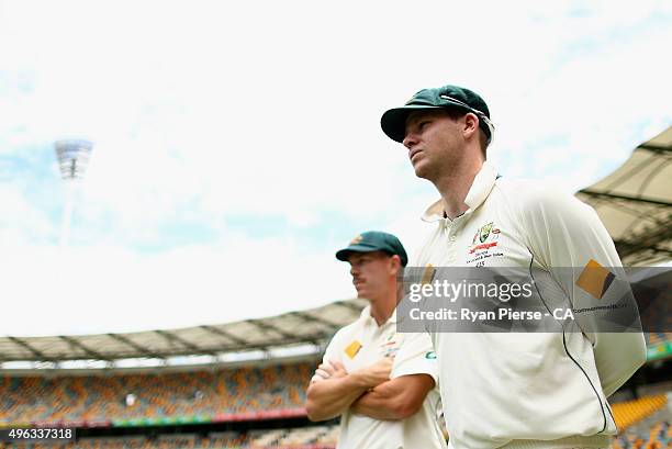 Steve Smith and David Warner of Australia look on after day five of the First Test match between Australia and New Zealand at The Gabba on November...