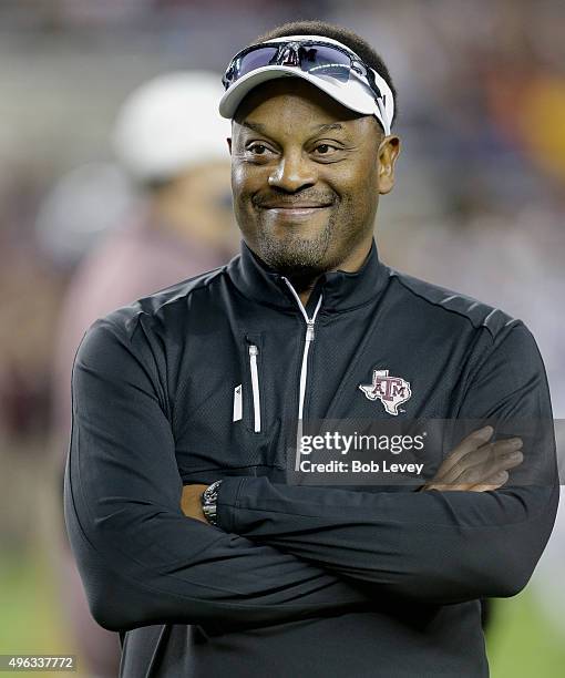 Head coach Kevin Sumlin of the Texas A&M Aggies during warm ups before playing against the Auburn Tigers at Kyle Field on November 7, 2015 in College...