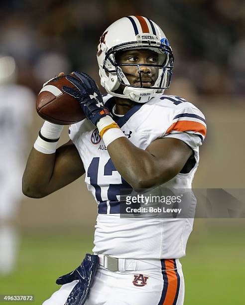 Jonathan Wallace of the Auburn Tigers throws some warmup passes at Kyle Field on November 7, 2015 in College Station, Texas.