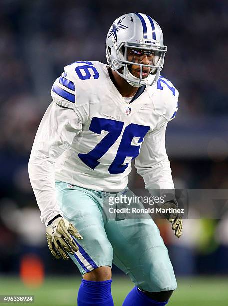 Greg Hardy of the Dallas Cowboys goes against the Philadelphia Eagles in the first half at AT&T Stadium on November 8, 2015 in Arlington, Texas.