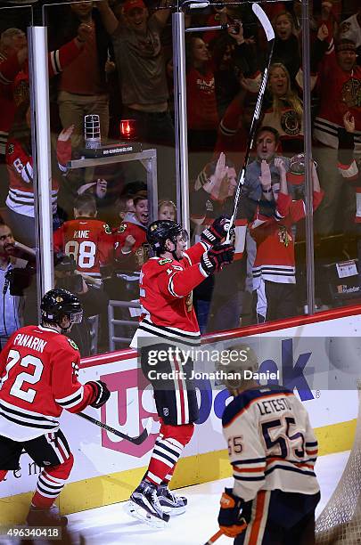 Artem Anisimov of the Chicago Blackhawks celebrates his third period goal against the Edmonton Oilers at the United Center on November 8, 2015 in...