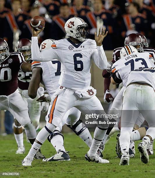 Jeremy Johnson of the Auburn Tigers throws in the second half against the Texas A&M Aggies at Kyle Field on November 7, 2015 in College Station,...