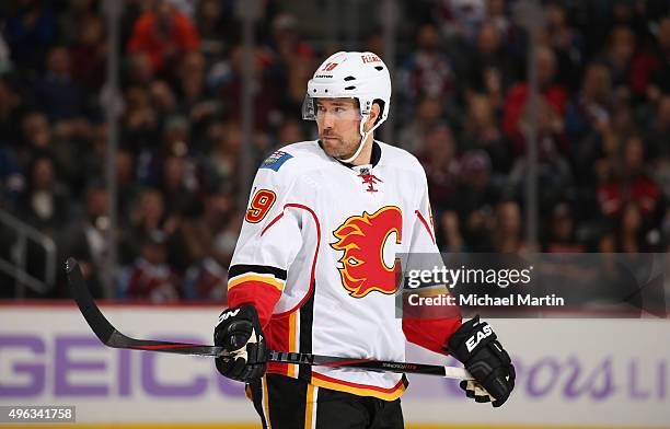 David Jones of the Calgary Flames skates during his 400th game against the Colorado Avalanche at the Pepsi Center on November 3, 2015 in Denver,...