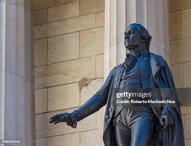 George Washington statue in Federal Hall National Memorial in New York city. Federal Hall National Memorial was built in 1842 as the United States...