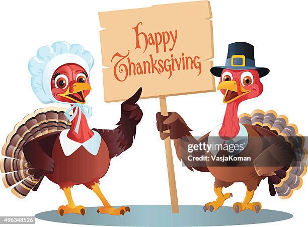 illustrazioni stock, clip art, cartoni animati e icone di tendenza di giorno del ringraziamento fumetto di maschi e femmine turkeytoon pilgrim - turkey meat