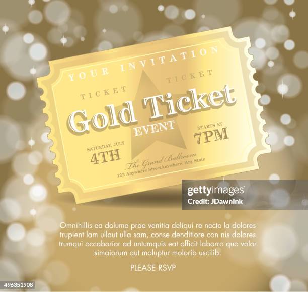 vintage style golden ticket invitation template - gala stock illustrations