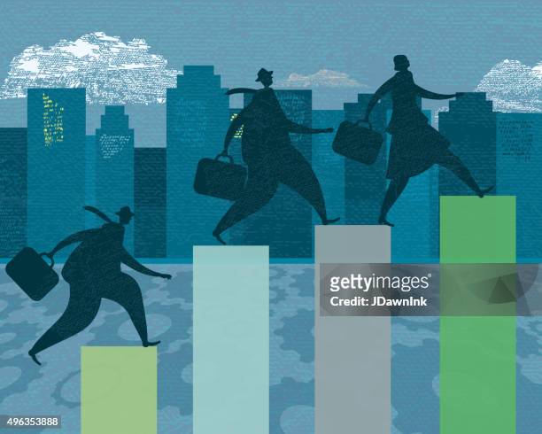 stockillustraties, clipart, cartoons en iconen met three business person silhouettes - competitive investment growth targets - welvaart