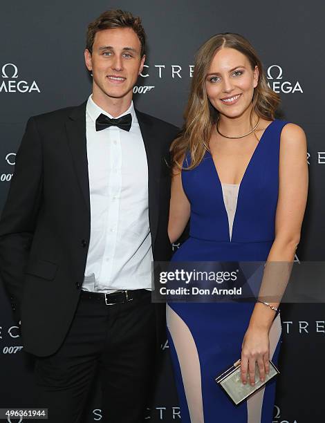 Cameron McEvoy and Violet Atkinson arrive ahead of the Omega VIP screening of the latest James Bond film SPECTRE at Dendy Cinemas Circular Quay on...