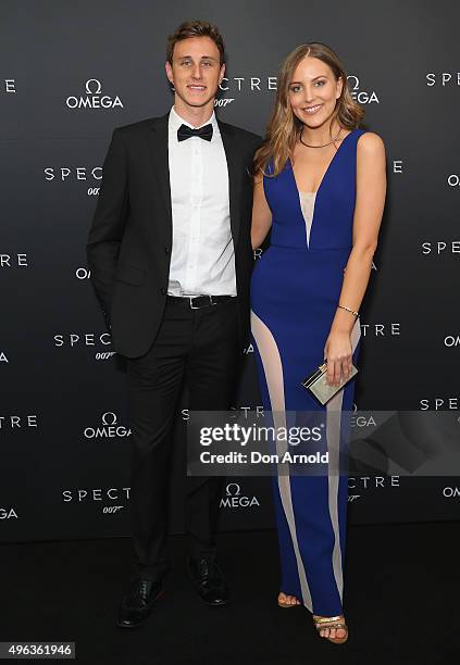 Cameron McEvoy and Violet Atkinson arrive ahead of the Omega VIP screening of the latest James Bond film SPECTRE at Dendy Cinemas Circular Quay on...