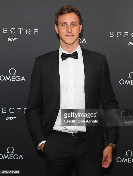 Cameron McEvoy arrives ahead of the Omega VIP screening of the latest James Bond film SPECTRE at Dendy Cinemas Circular Quay on November 9, 2015 in...