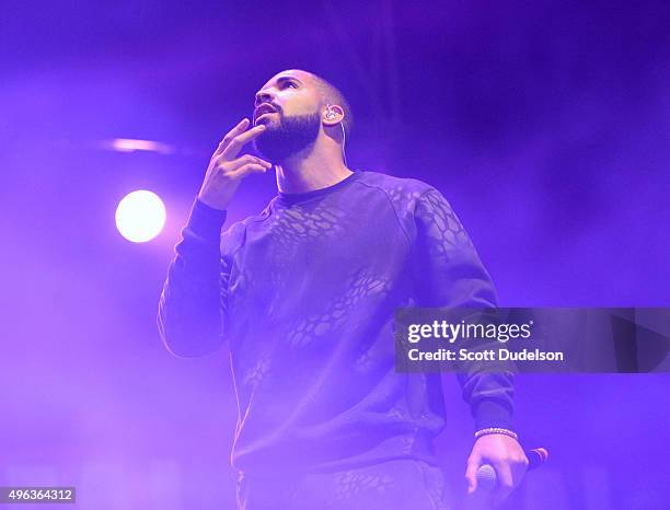 Musician Drake performs onstage during REAL 92.3's 'The Real Show" at The Forum on November 8, 2015 in Inglewood, California.