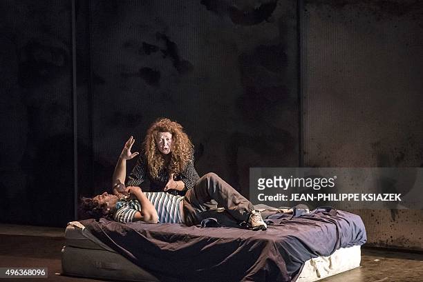 French comedians Pio Marmai and Evelyne Didi perform during a rehearsal of a play inspired by the true story of Italian serial killer Succo, "Roberto...