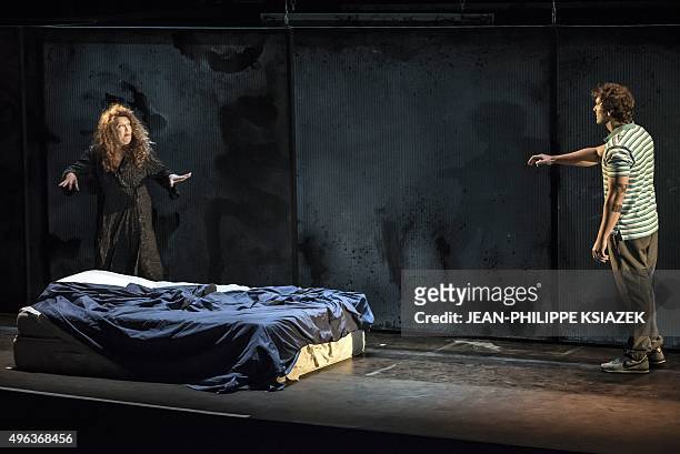 French comedians Pio Marmai and Evelyne Didi perform during a rehearsal of a play inspired by the true story of Italian serial killer Succo, "Roberto...