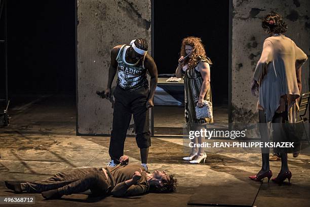 French comedians Pio Marmai, Babacar MBaye Fall, Evelyne Didi and Tibor Ockenfels perform during a rehearsal of a play inspired by the true story of...