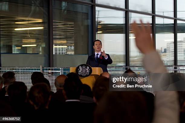 Chancellor of the Exchequer George Osborne speaks to journalists ahead of the spending review at Imperial College White City on November 9, 2015 in...