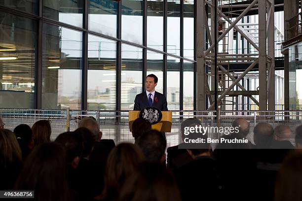 Chancellor of the Exchequer George Osborne speaks to journalists ahead of the spending review at Imperial College White City on November 9, 2015 in...