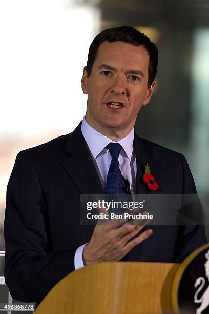 Chancellor of the Exchequer George Osborne speaks to journalists ahead of the spending review at Imperial College White City on November 9, 2015 in...