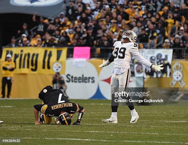 Linebacker Aldon Smith of the Oakland Raiders celebrates after sacking quarterback Ben Roethlisberger of the Pittsburgh Steelers during a game at...