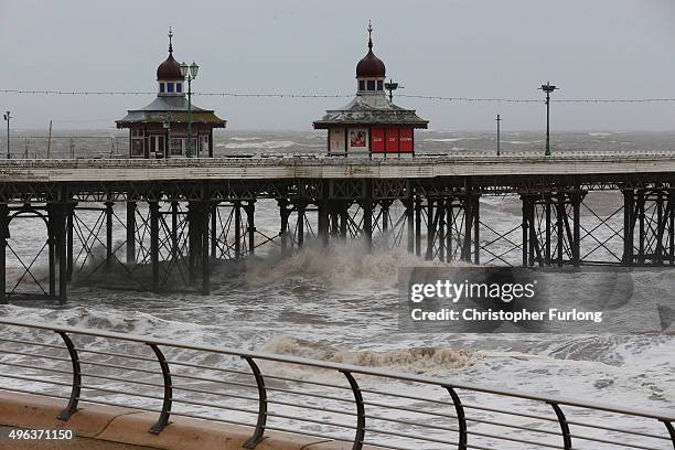 Waves whipped up by high winds hit Blackpool's North Pier as Britain's first ever named storm, Storm Abigail, hits the North West on November 9, 2015...