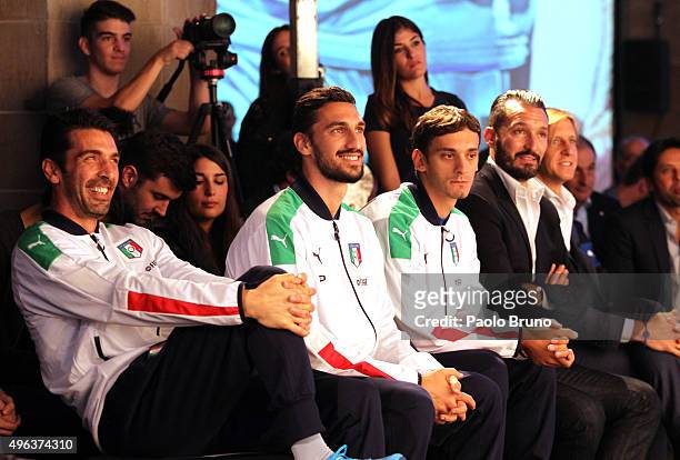 Gianluigi Buffon, Davide Astori and Manolo Gabbiadini attend the launch of the new Puma home kit at Palazzo Vecchio on November 9, 2015 in Florence,...