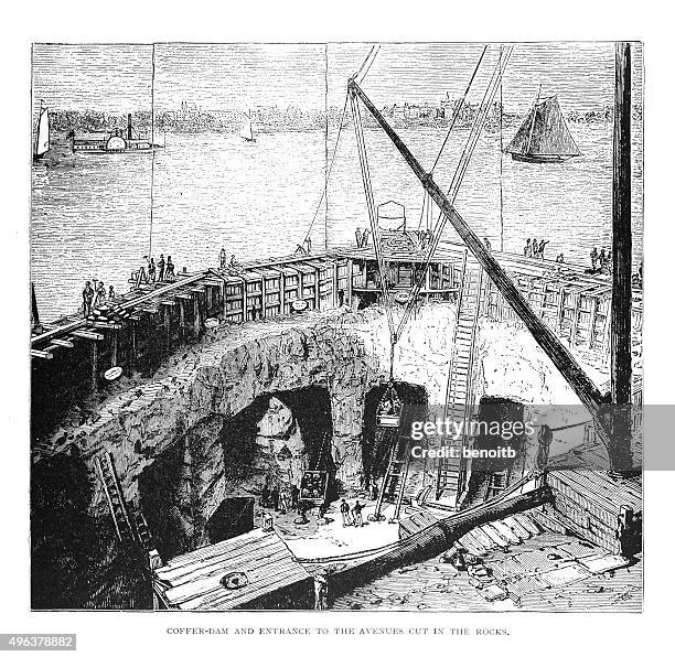 stockillustraties, clipart, cartoons en iconen met cofferdam and entrance to the avenues - caissons