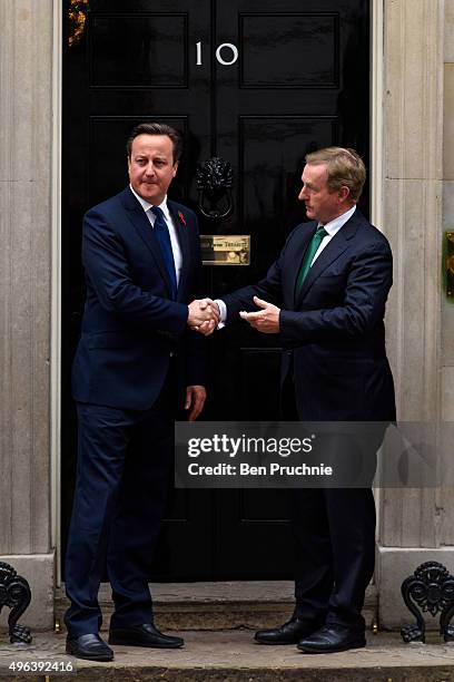 British Prime Minister David Cameron greets Irelands Taoiseach Enda Kenny at Downing Street on November 9, 2015 in London, England. The head of...