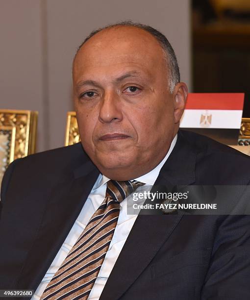 Egyptian Foreign Minister Sameh Shoukry attends an extraordinary meeting of foreign ministers of the Arab League, on November 9, 2015 in the Saudi...